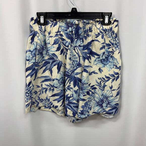 H&M Blue White Floral Linen Blend High Waist Pull On Pockets Short Shorts Small - Picture 1 of 5